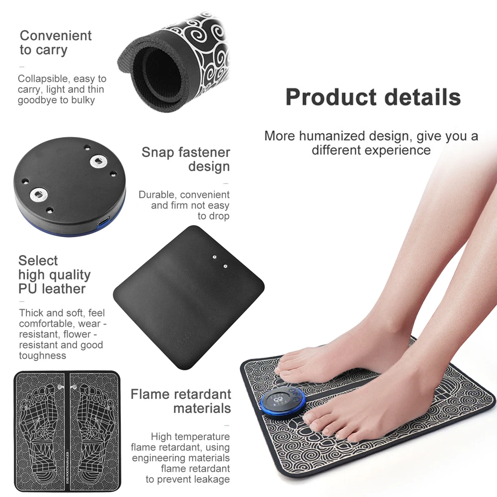 Hot Products TENS Massage Pad Feet Muscle Stimulator Massage Mat Electric Vibrating EMS Foot Massager Black USB Charging