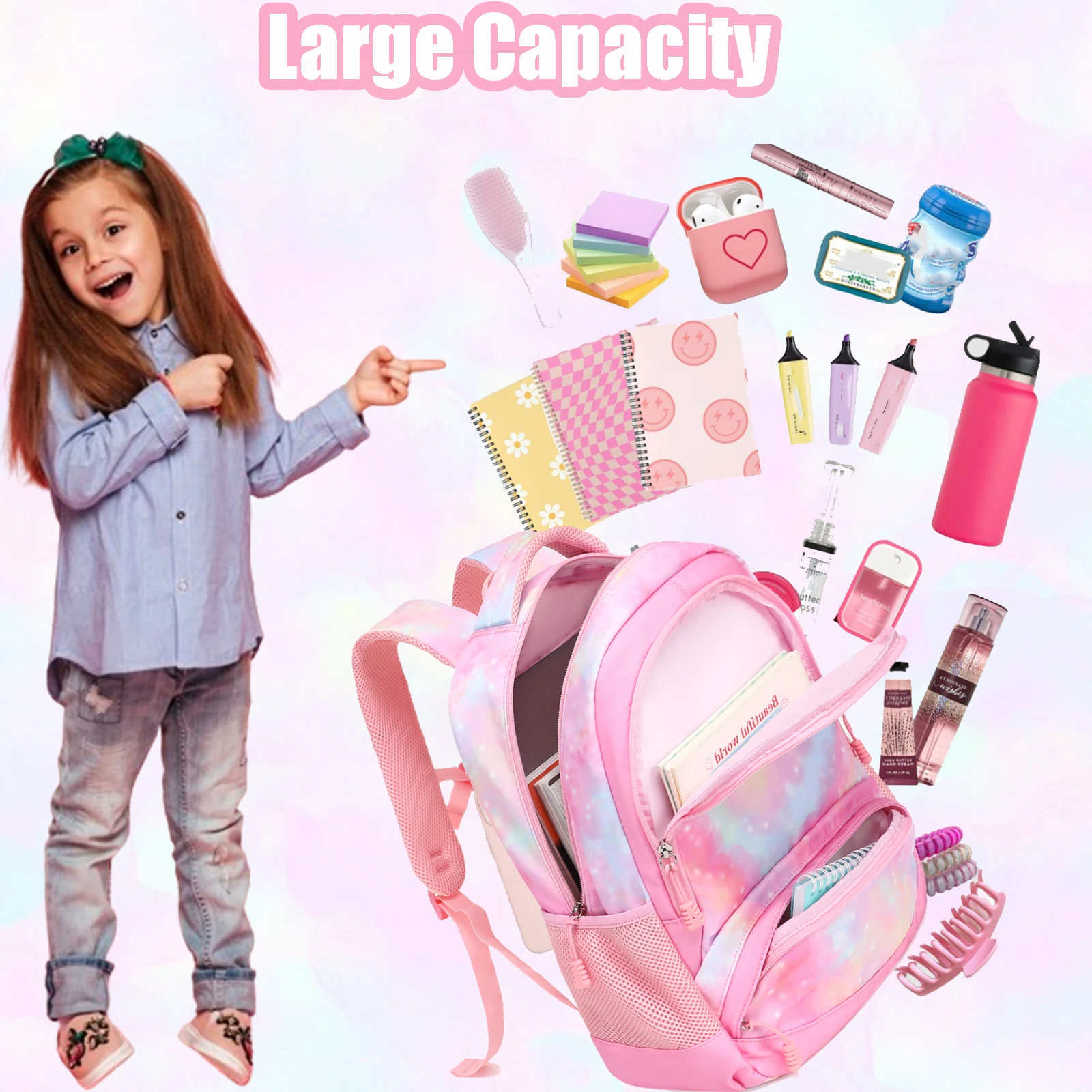 Fashion 3 In 1 Student Backpack Set Pink Purple Heart Pattern Waterproof School Backpack For Teenagers