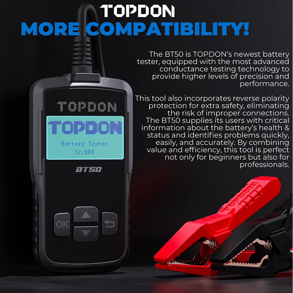 TOPDON BT50 New Arrival 12V 200Ah Car Auto Battery Tester 10A Aa Digital Battery Tester Analyzer For Automobile Bat