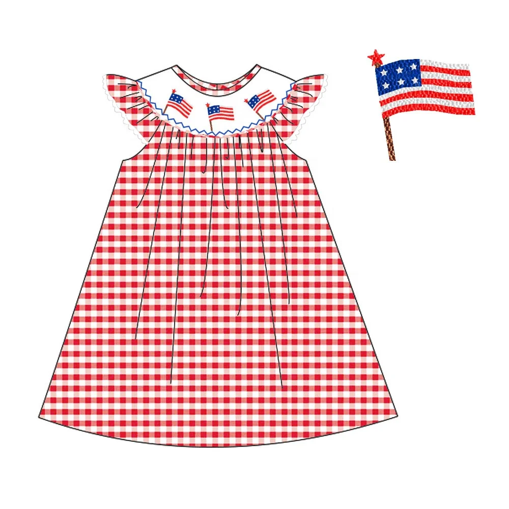 4th of July Patriotic Baby Girl Dress O-Neck Cotton Gingham Print with American Flags Summer Set for Children 6-9 Years