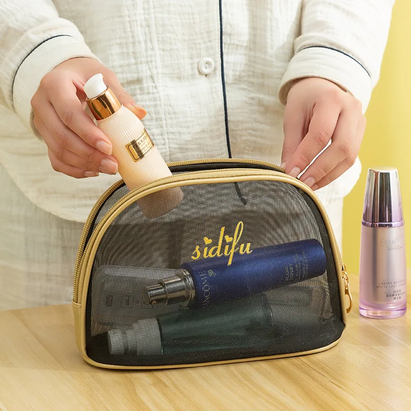2022 Fashion Customize Mesh Women Makeup Bag Portable Transparent Travel Toiletry Bag With Gold Zipper