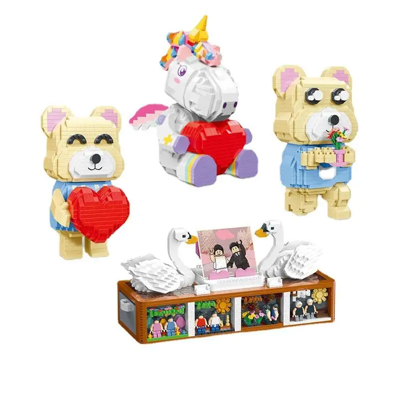 Valentines Day Gift Building Block Set Toy Photo Frame Bear DIY Assembly Toys Cartoon Animal Decorative Ornaments 3D Puzzle