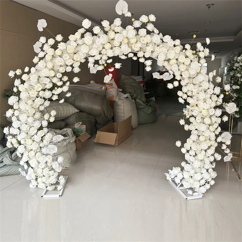 KEWEI 002 Wedding White Round Arch Flower Ivory Silk Flowers Arch Table Runner Flower Backdrop White Rose Arch