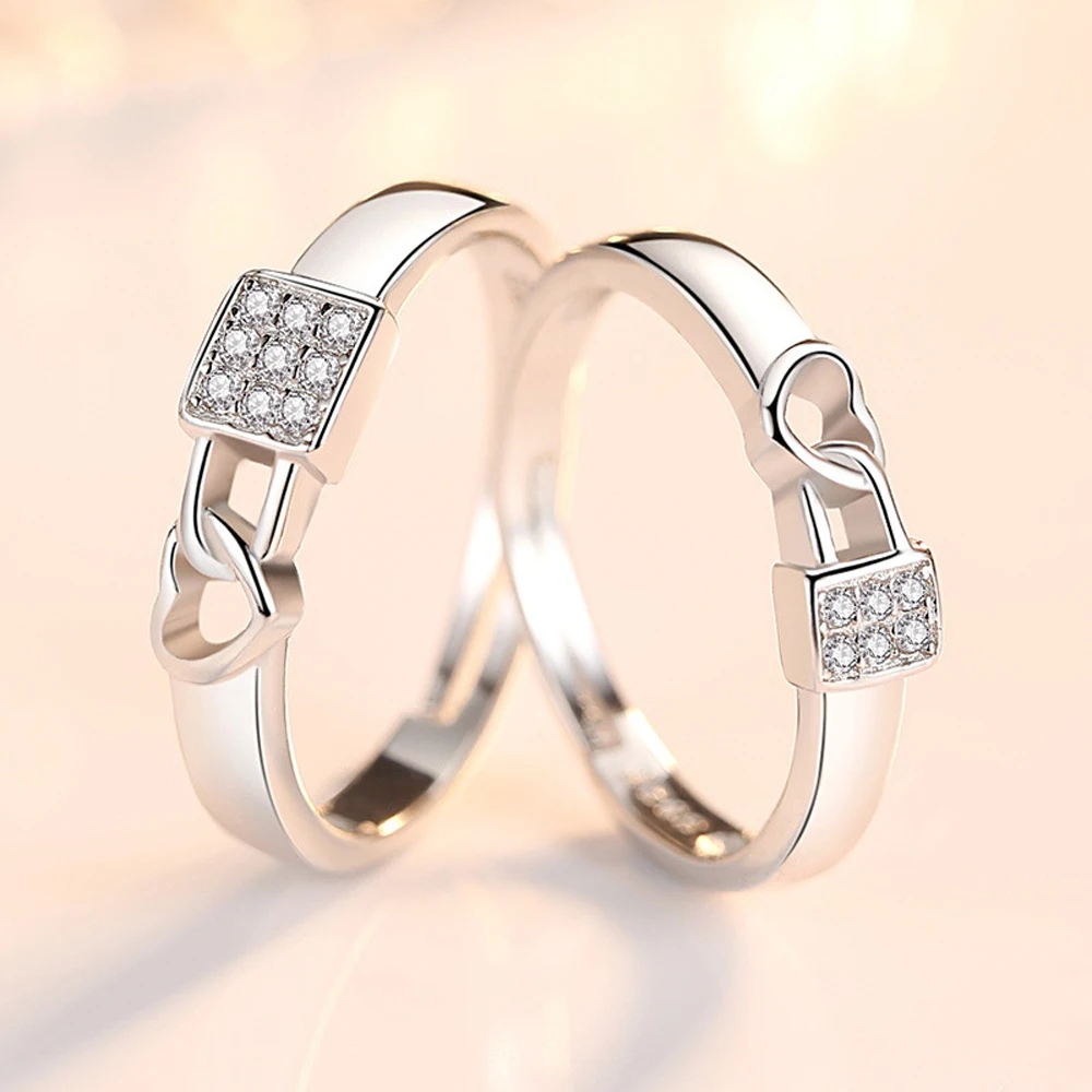 Silver Plated Lock Heart Finger Rings Square Tiny Crystal Diamond Ring Romantic Heart Couple Lover Rings
