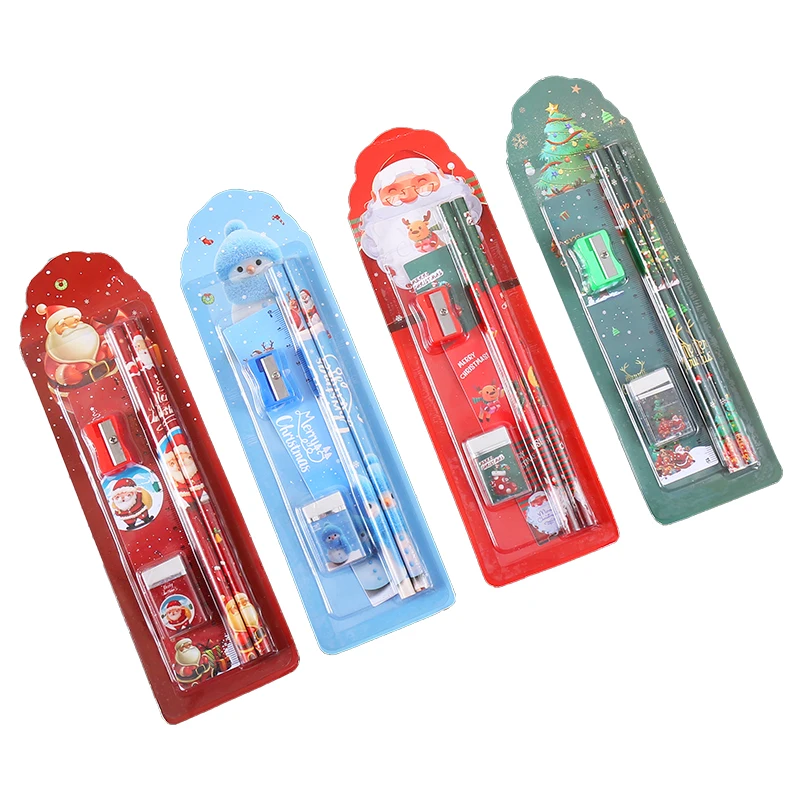 DASHENG 5-Pcs Eet Christmas Cartoon Standard Pencils Eraser Ruler and Pencil Sharpener Holiday Gift for Kids Students