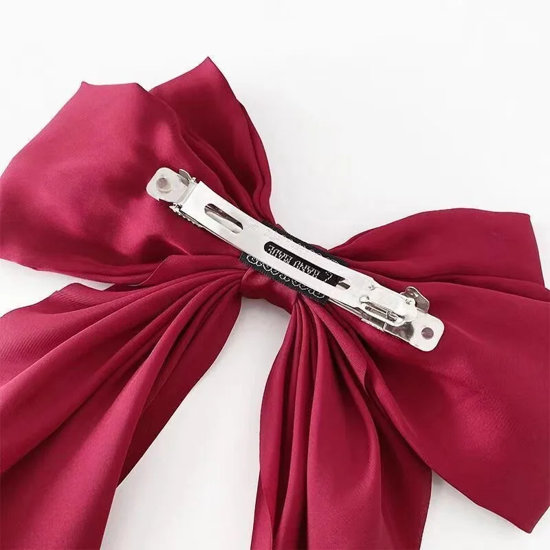 Wholesale Hot Selling Big Bow Spring Hair Clips Plain Color Stain Fabric Long Ribbon Hair Bows Accessories For Women
