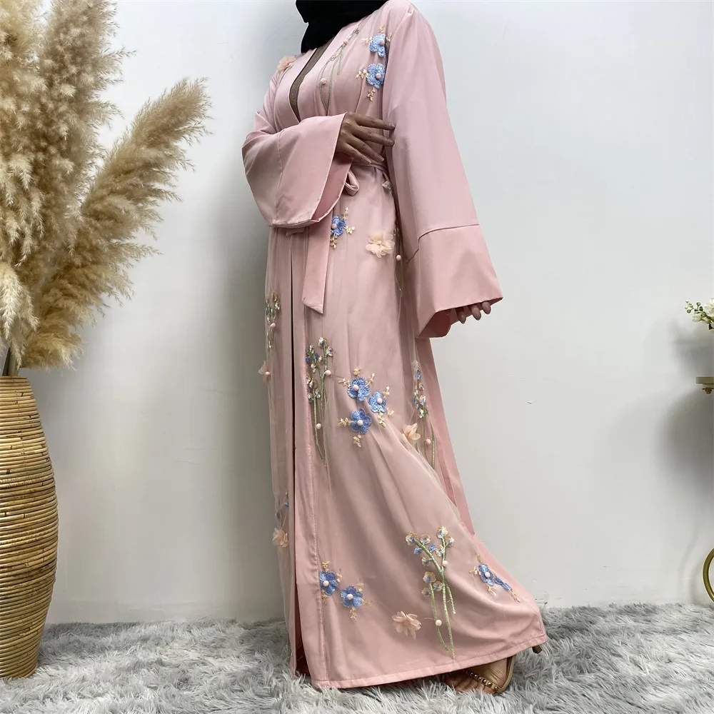Eid 3D Embroidery Flower Mesh Cardigan Classic Muslim Dress Muslim Dress Women Long Sleeve New Double Chiffon Abaya
