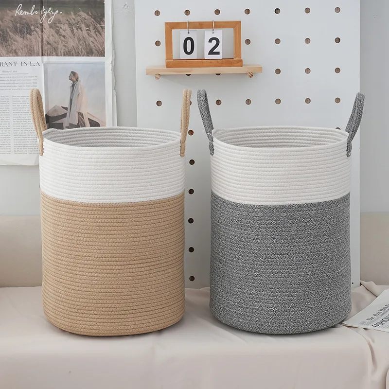 Hot sell custom durable round home organizer strong cotton rope basket hamper with handle