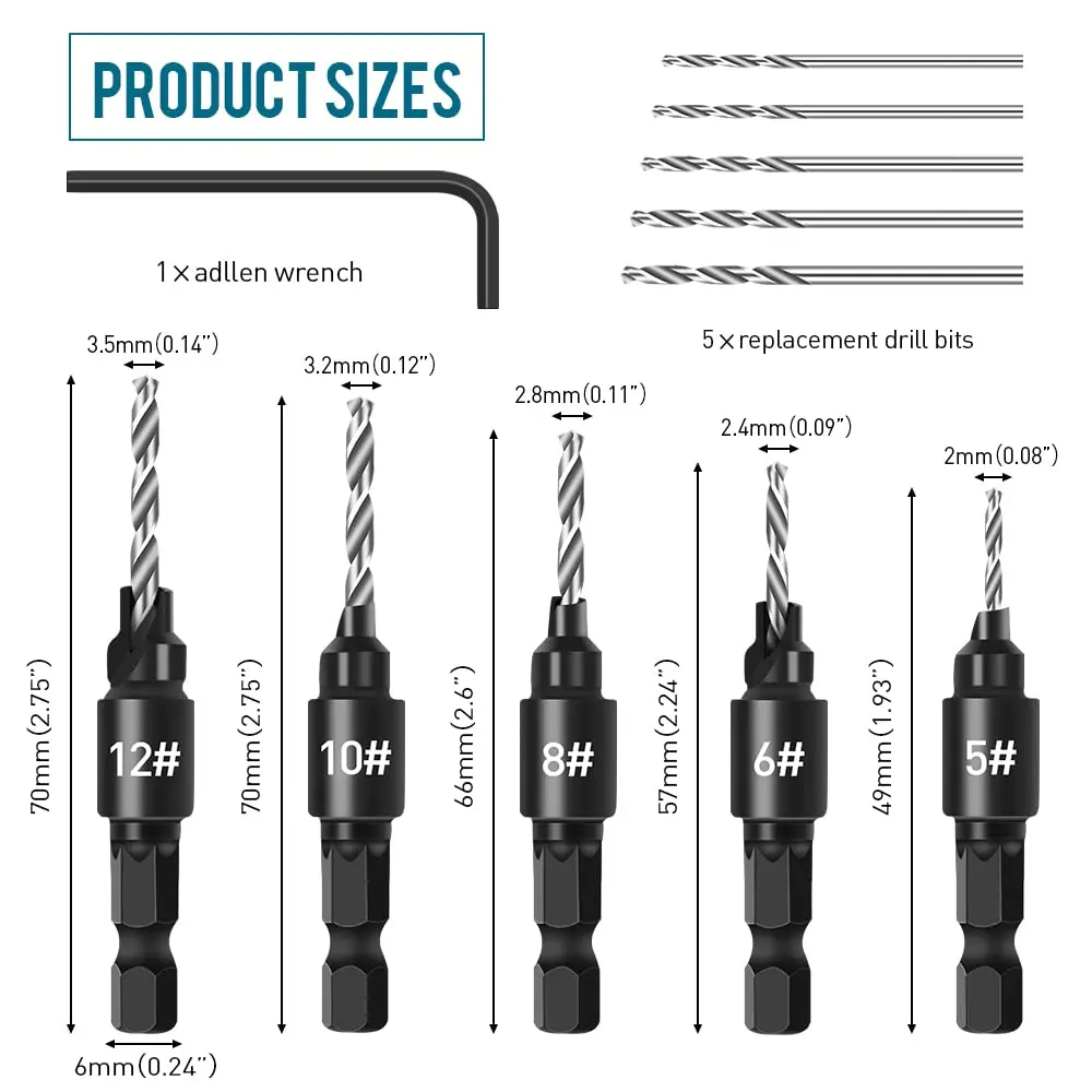 PEXMIENTAS 1/4'  Hex Shank Countersink Drill Bit Adjustable Drilling Set Woodworking Chamfer Countersink Drill Bit