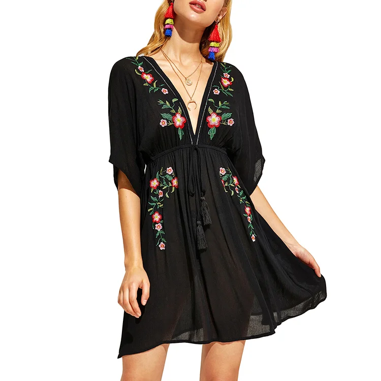 21D99 2020 New Women Rayon Dress Short Sleeves Deep V Neck Drawstring Waist Embroidery Floral Dress
