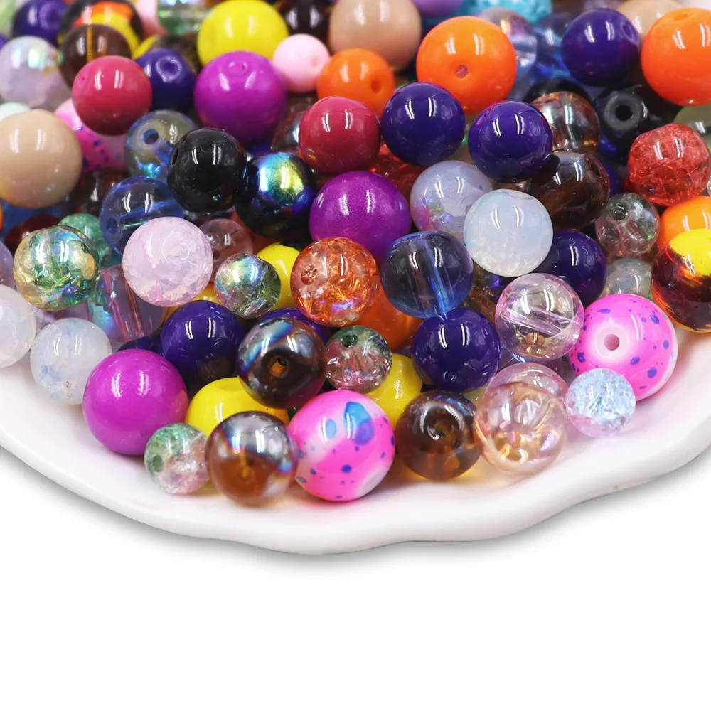 3/4/5/6/8/10/12mm Mix Colors Loose Crackle Beads with Hole  Glass Beads Round Faux Pearl for Earring Necklace Bracelet DIY Craft