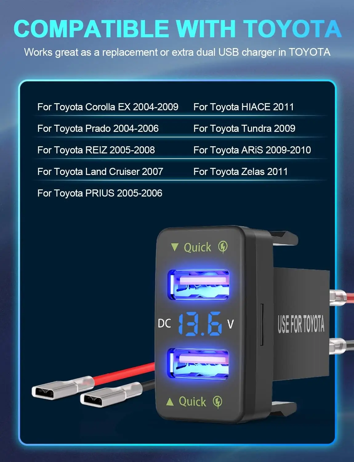 Quick Charge 3.0 Dual USB Port Charger Socket Car Charger Accessories Compatible with Mobile Phones for Toyota