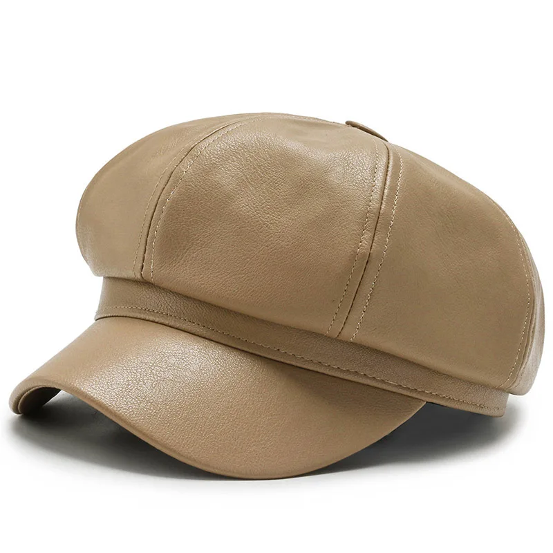 Fashion Trend Light Plate Leather Octagonal Hat Ladies British Style Retro Casual Solid Color Autumn And Winter Pu Newsboy Cap