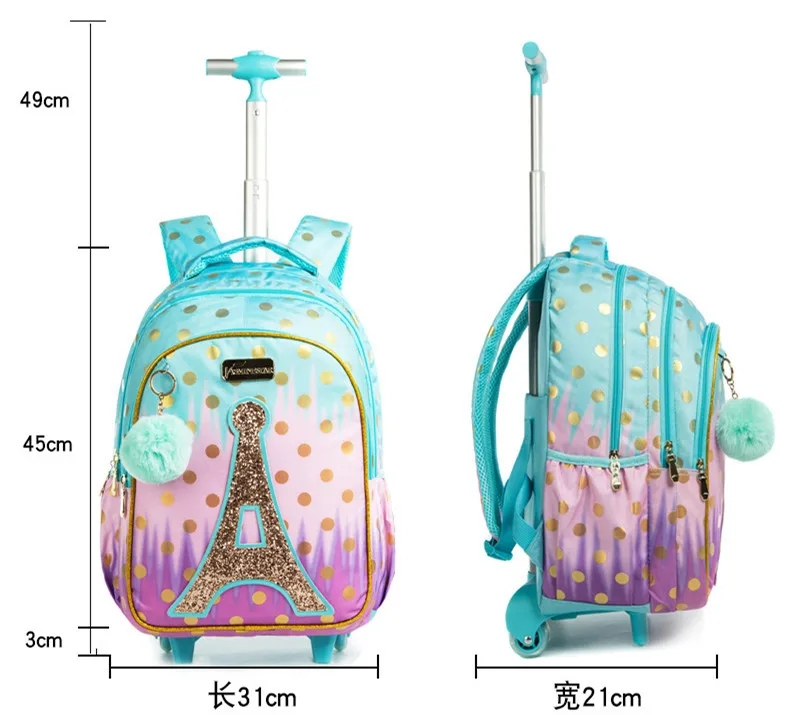 Дети прокатки рюкзак школьный колесиках рюкзак для путешествий багаж на колесиках, школьные сумки для девочек колёса студент, комплект одежды из 3 предметов с героями мультфильмов