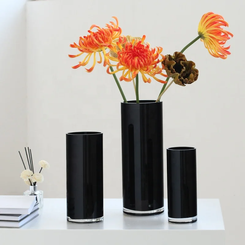 Bixuan Handblown Glass Vase Home Decor Table Centerpieces Modern Wedding Flower Arrangement Cylinder Black Color Glass Vases