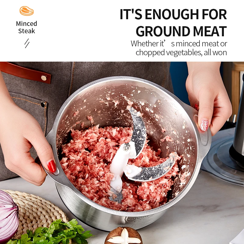 Multifunctional 2L Electric Meat Grinder 4 Knife Electric Chopper Automatic Mincing Food Processor For Household