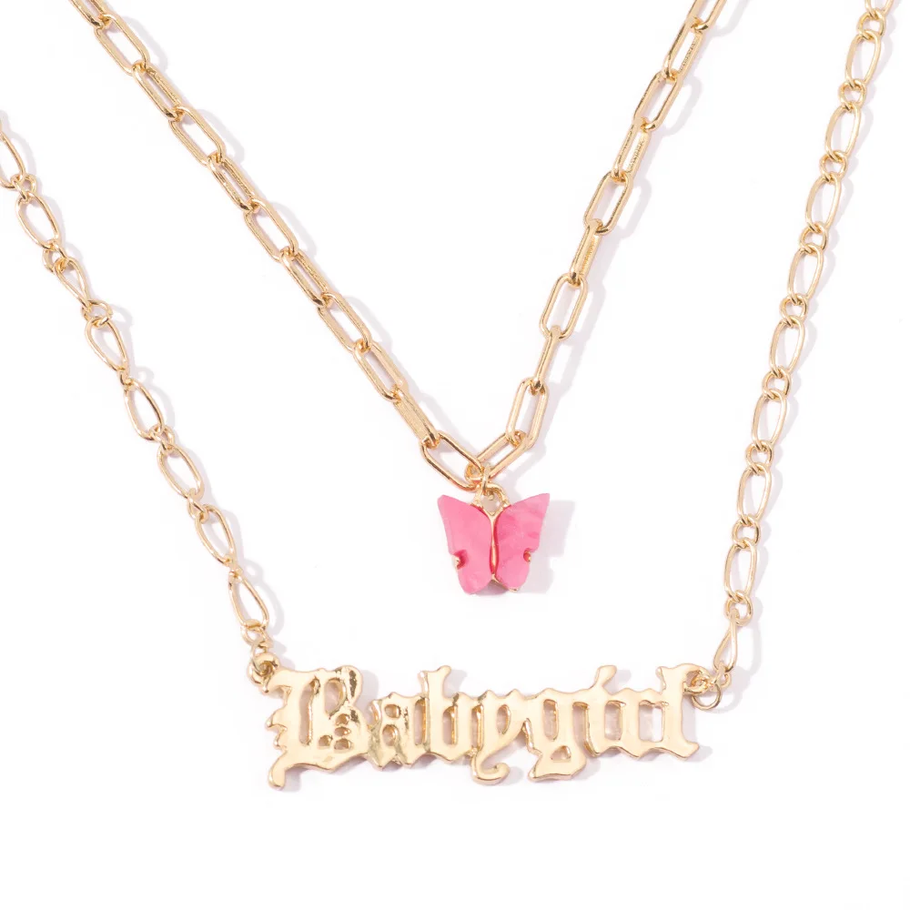 
Korean Sweet Butterfly Necklace Acrylic Colored Clavicle Chain for Women Refined Two-layered Chain Necklace Wholesale 