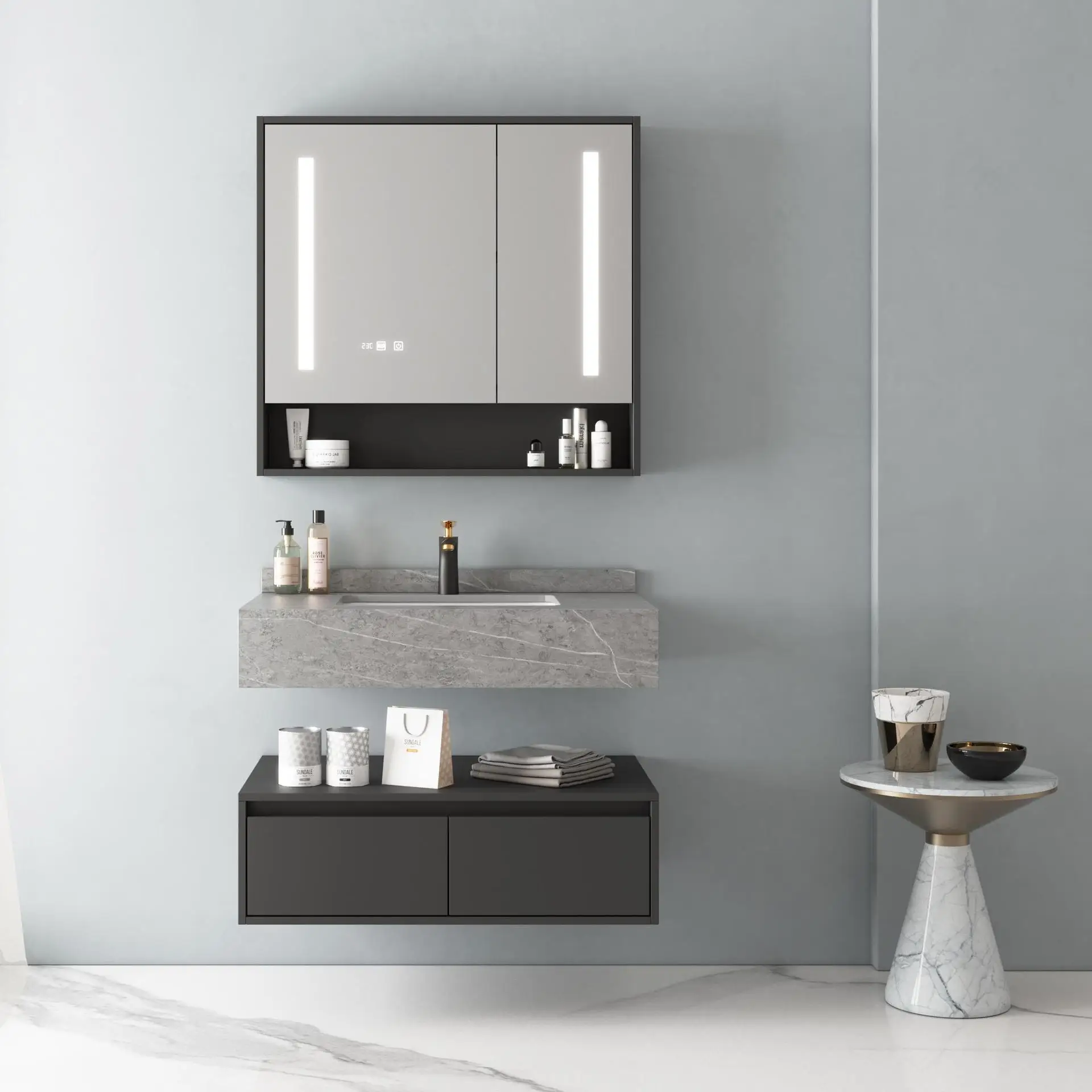 Illuminated Smart Mirror Vanity Set Modern Storage Bathroom Washroom Mirror Cabinet With Led Light