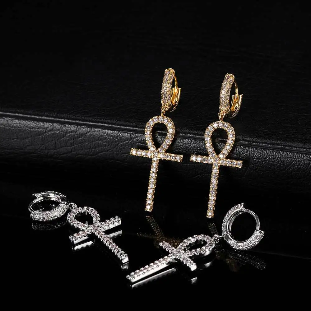 New Design 925 Sterling Egyptian Jewelry White Cubic Zirconia Cross Pendant Earring Hip Hop Sets Jewelry