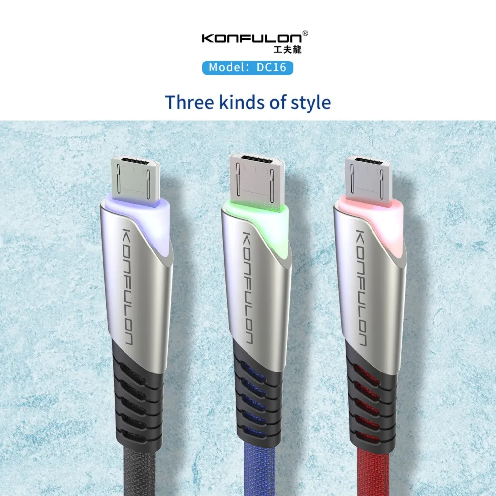 Konfulon 5 цветов дышащий свет Micro USB кабель для передачи данных Плетеный зарядный мобильного телефона