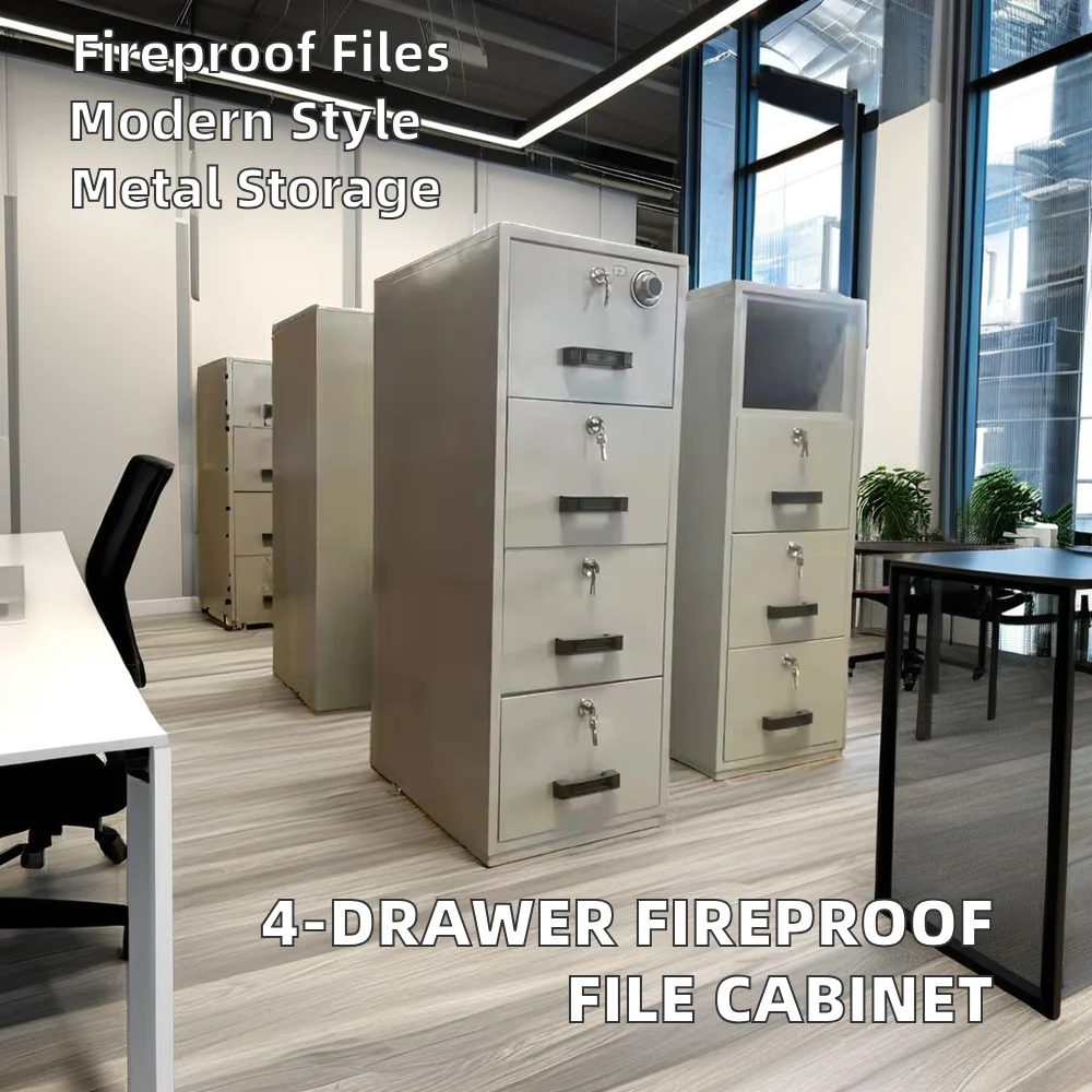 4 Drawer Modern Steel Fireproof Filling Cabinet Fire Resistant Metal File Cabinet with Zinc Alloy School Hospital Warehouse Use