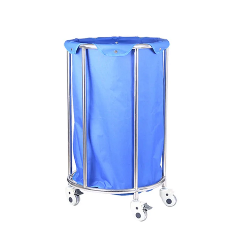 Cylindric shape stainless steel linen trolley  laundry cart on wheels