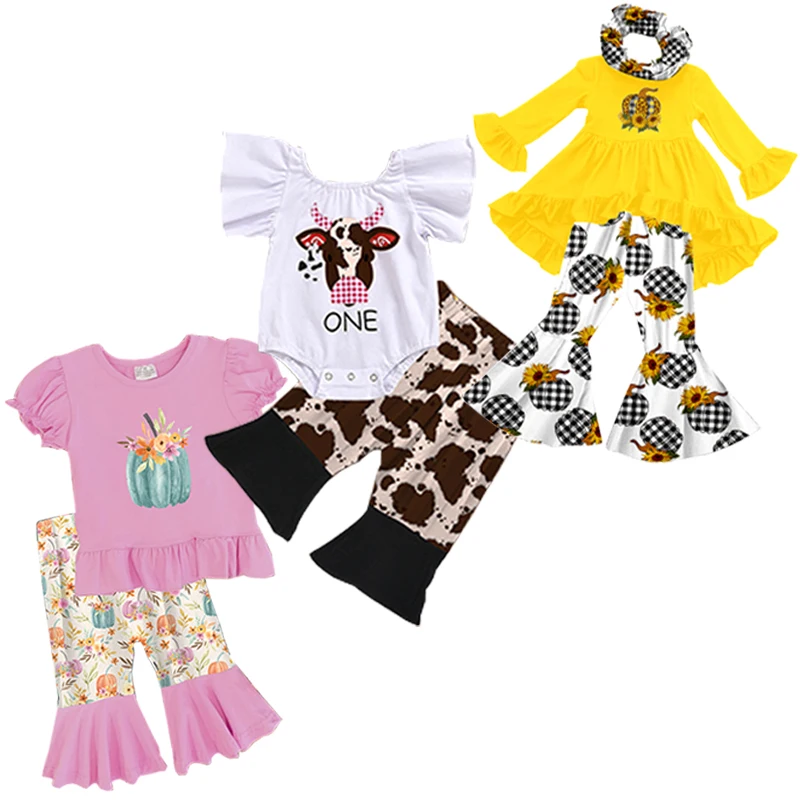 Custom Printed Farm Cow Style Autumn Outfits Cute Kids Baby Girl Ruffle Shirt and Bell Bottom Pants Two-Piece Set
