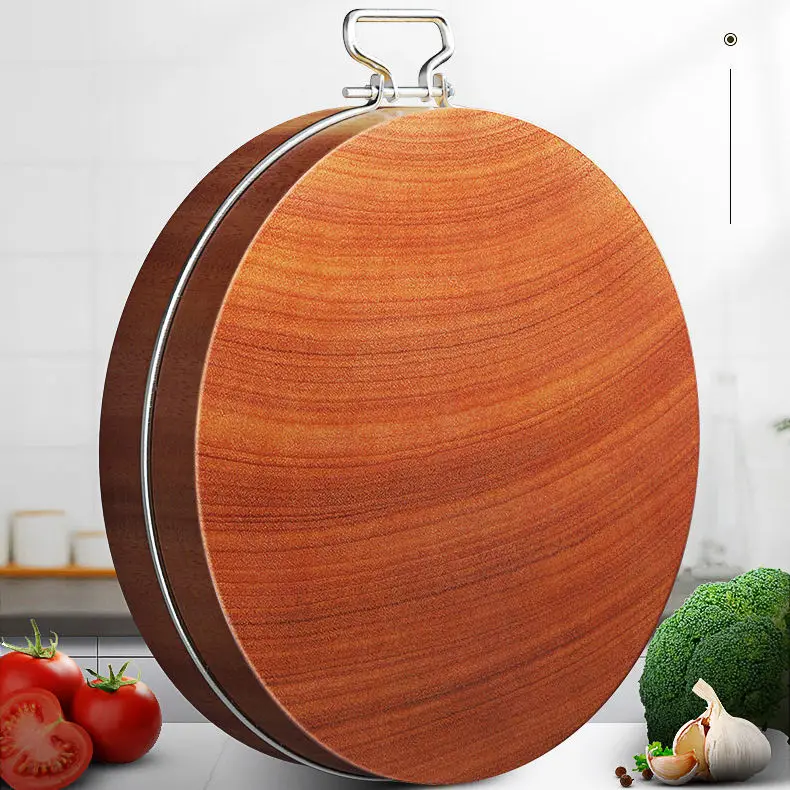 Custom Size Kitchen Thick Natural Eco-Friendly Safe Round Cutting Wood Board With Metal Handle