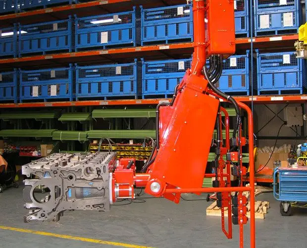 mobile crane air balance arm robot manipulator for handling of various mechanical parts of motor vehicles.