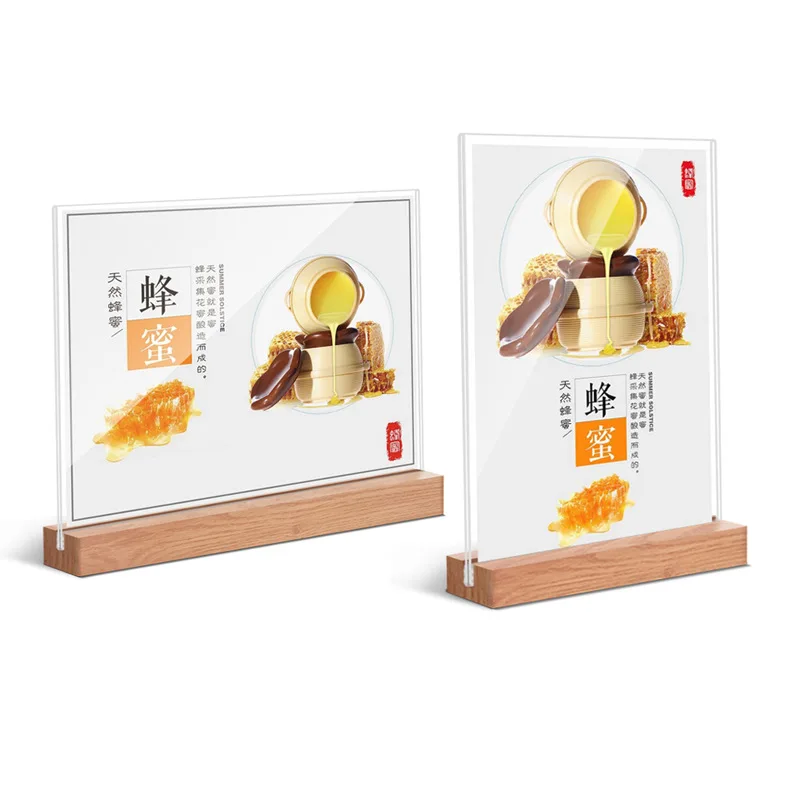 wholesale acrylic sign holders Tabletop Photo Frame Menu Holder Display Stand With Wood Base table numbers holder A4 A5 A6