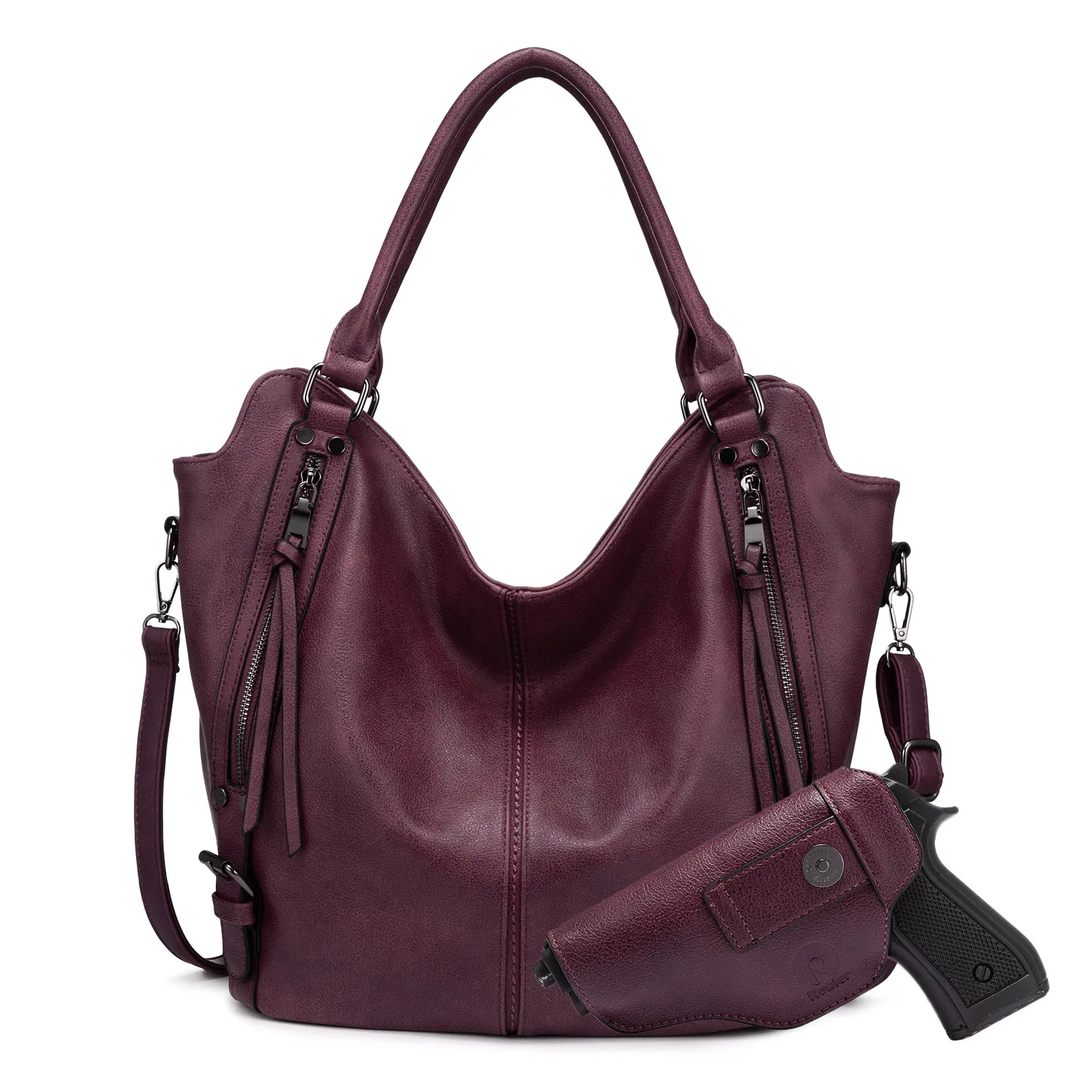 REALER Tactical Concealed Carry Hobo Purse Lady Leather Shoulder Bags Handbags Women Large Tote Bag With Detachable Gun Holster