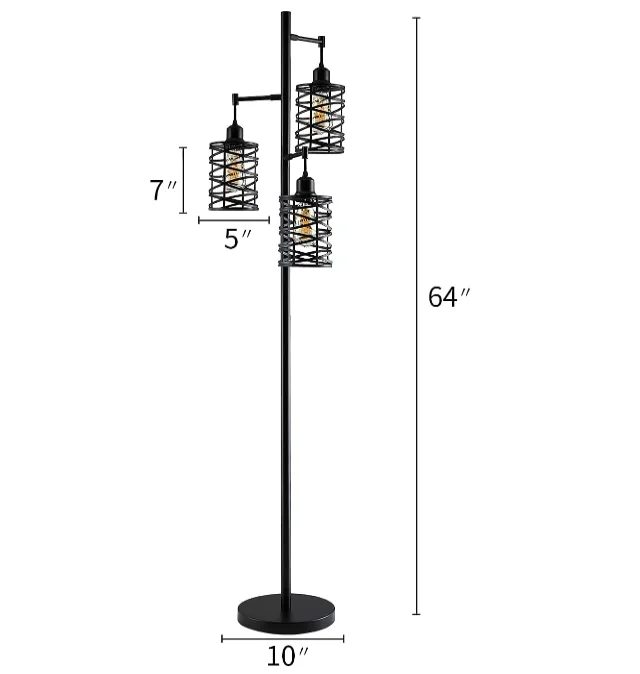 Iron Cage Floor Lamp Bedside Study Office Country Bedroom Three-head Lamp Nostalgic Retro Standing Lamp