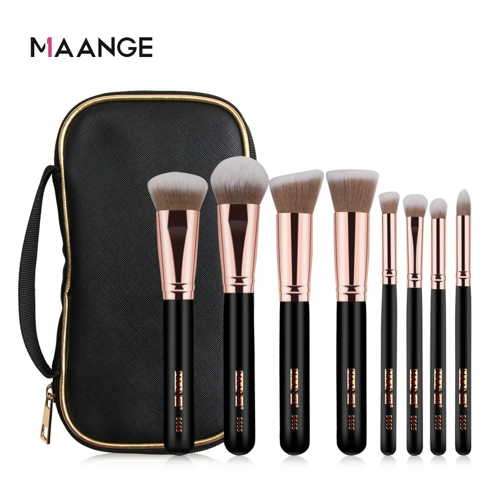 Maange Private Label Wholesale 8 pcs Wood Handle Brow Makeup Foundation Brush Vegan Makeup Brushes
