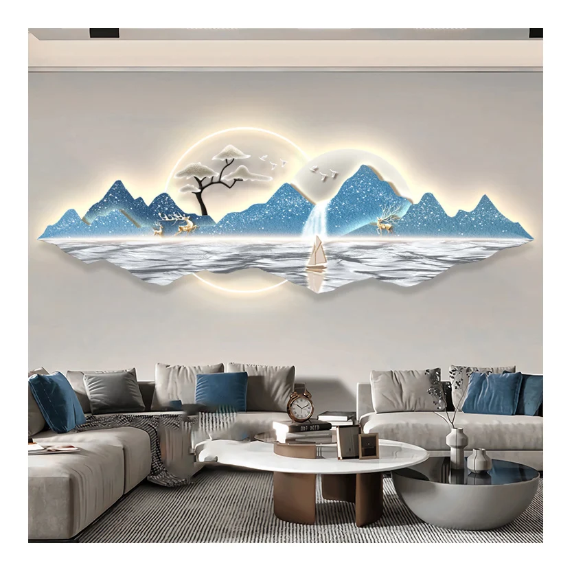 New living room decorative painting modern luxury background wall hanging animal landscape murals wall art with LED light
