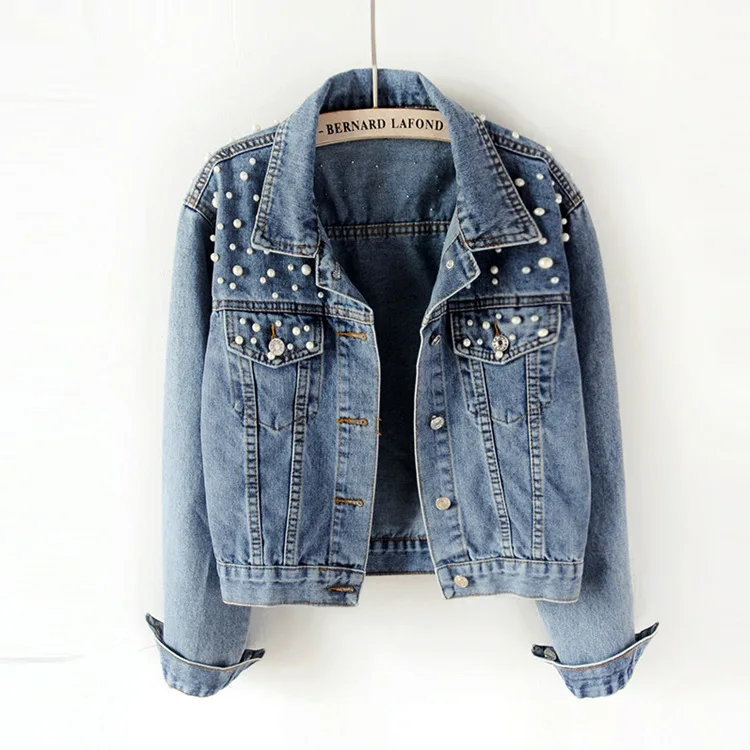
S-5XL top quality ladies denim jacket pearls jeans women 