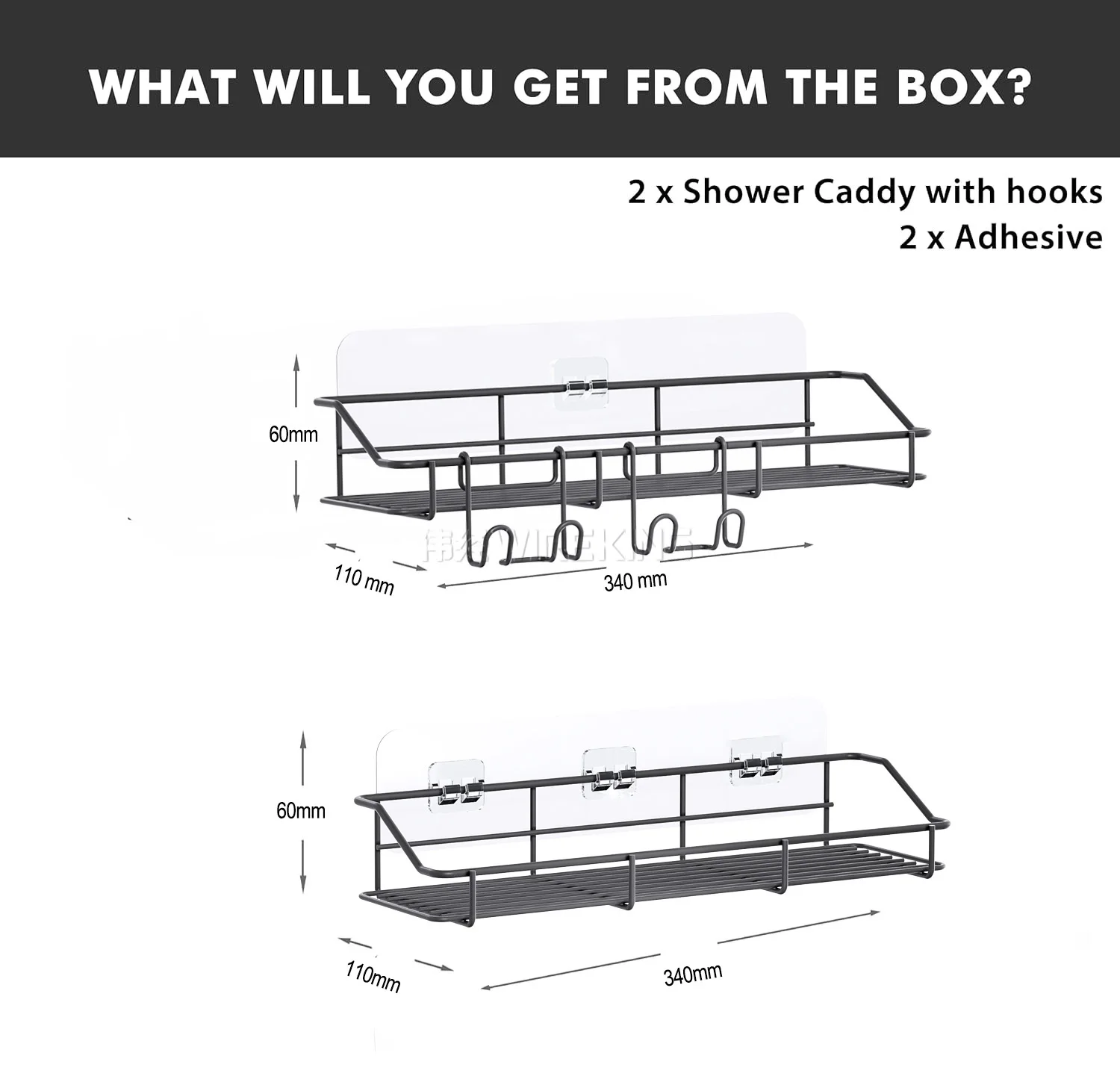 WIREKING 2 Pack Black Adhesive Shower Caddy Shelf Metal Rustproof Shower Caddies Bathroom Basket for Inside Shower