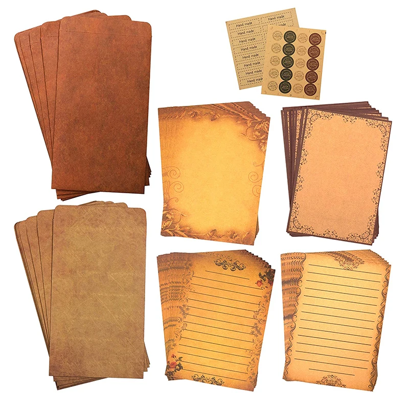 Vintage Stationary Paper Kraft Envelopes Set with Seal Stickers 64pcs Writing Stationery Papers Letter Envelope