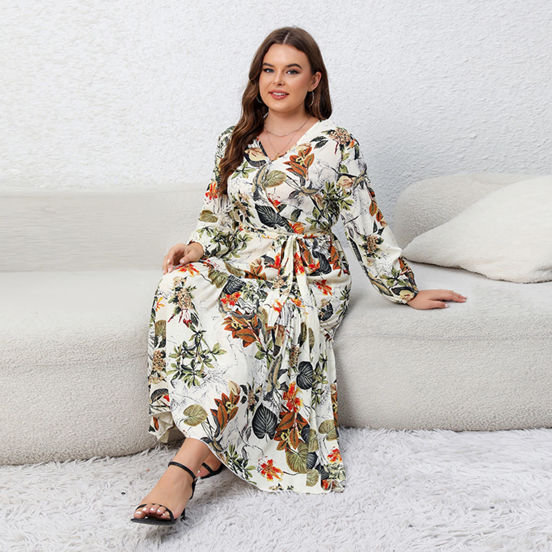 Plus Size Dress Printed V-neck Long Sleeve Floral Long Skirt Loose Swing Skirt Maxi Dresses Casual Empire Waist with Pockets