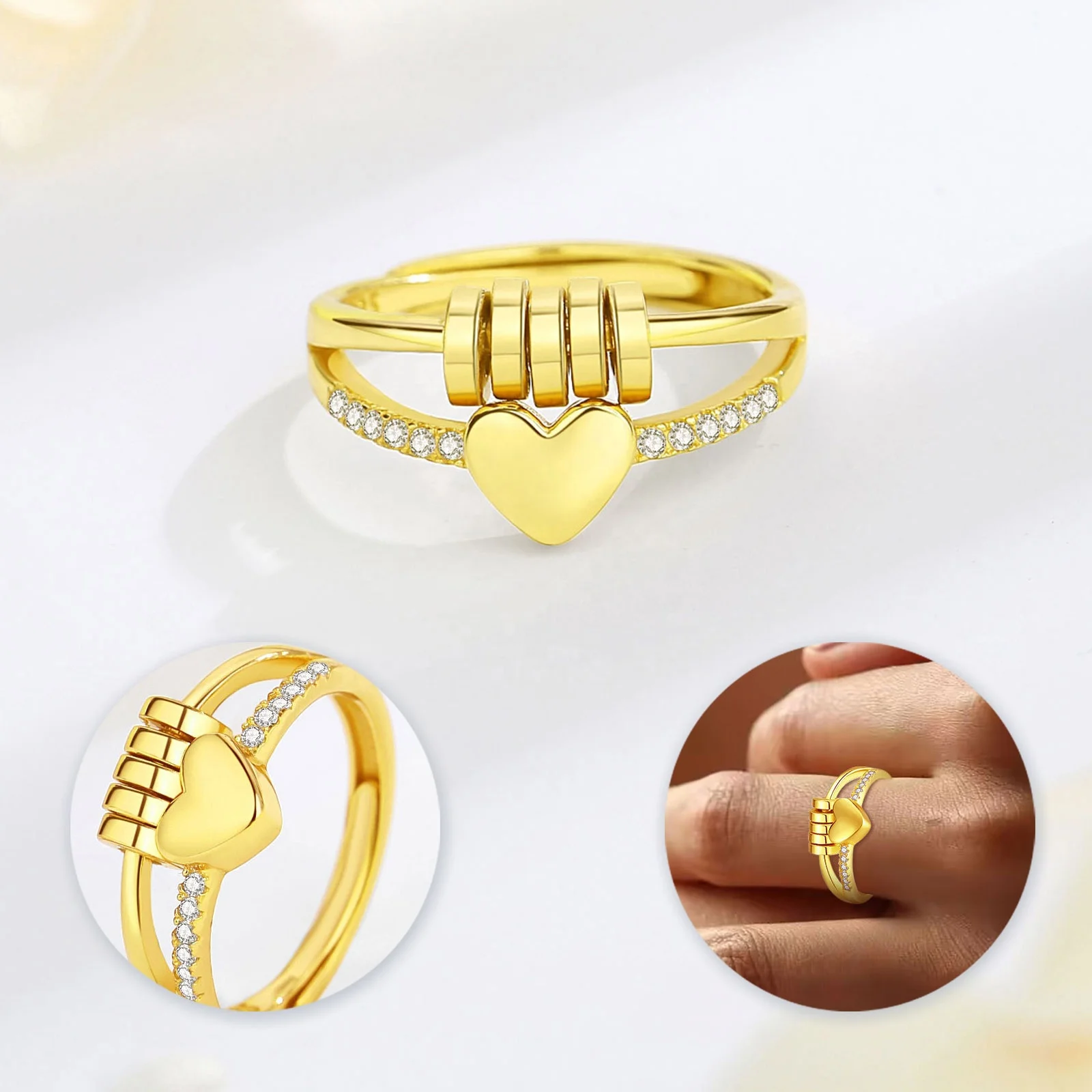 Wholesale Fashion Jewelry 925 Sterling Silver 18K Gold Plated Adjustable Size Heart Shaped Anxiety Rings for Women