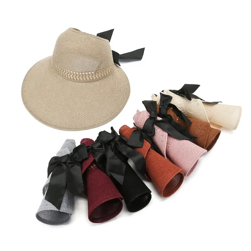 Outdoor Women Summer Bow-tie Sun Hat Roll Up Wide Brim Beach Straw Hat UV Protection Sunshade Visor Cap