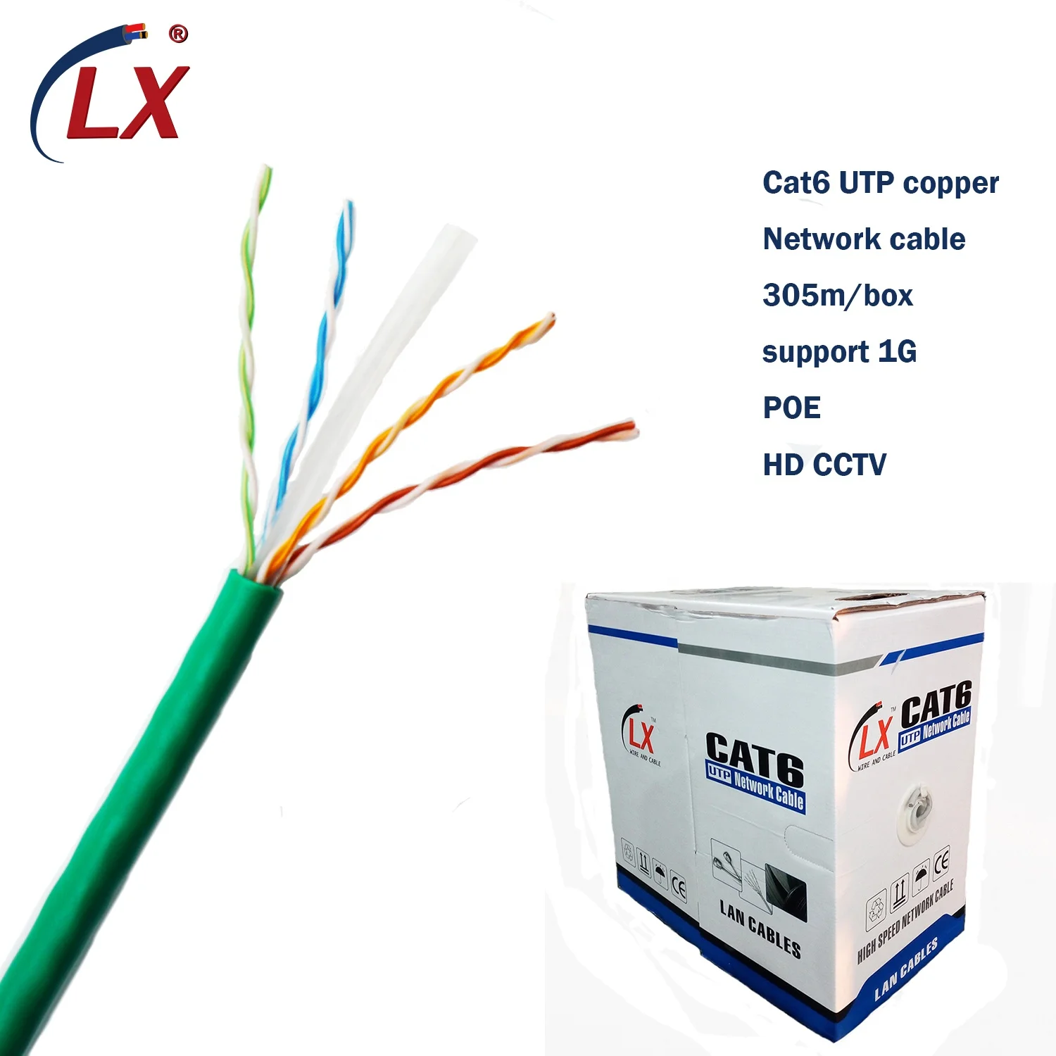 Заводская оптовая цена, твердая медная жила, неэкранированная витая пара UTP Cat6 Lan кабель связи по Интернету 305 м в катушке