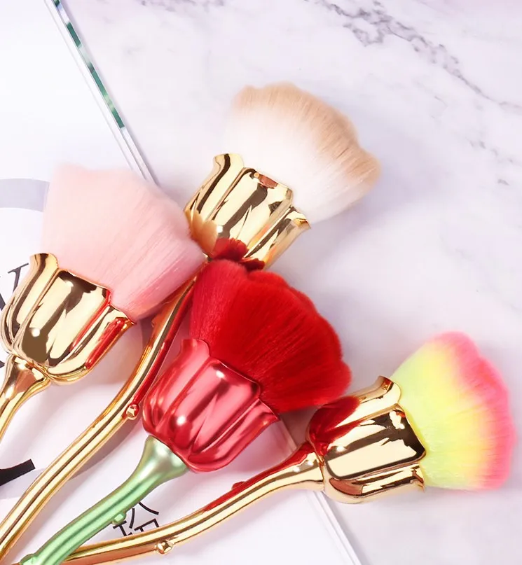 Aokitec Rose Flower Shape Long Handle Makeup Cleaner Manicure Tool Nail Dust Brushes