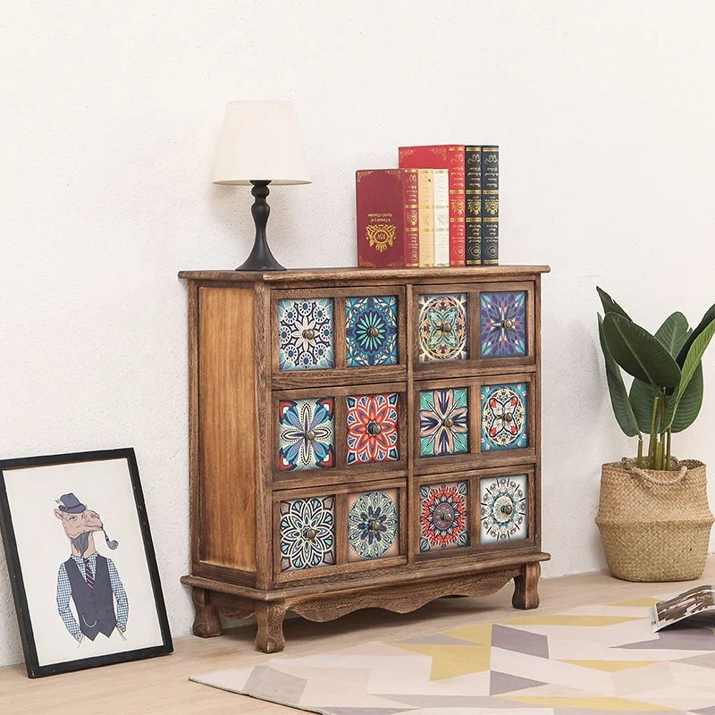 wooden mid-century modern bedroom cabinet willow basket wicker brown chest drawers