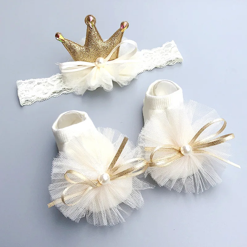 Newborn Baby Girl Headband and Socks Set Princess Flower Bows Pearl Infant Hairband Hair Accessories