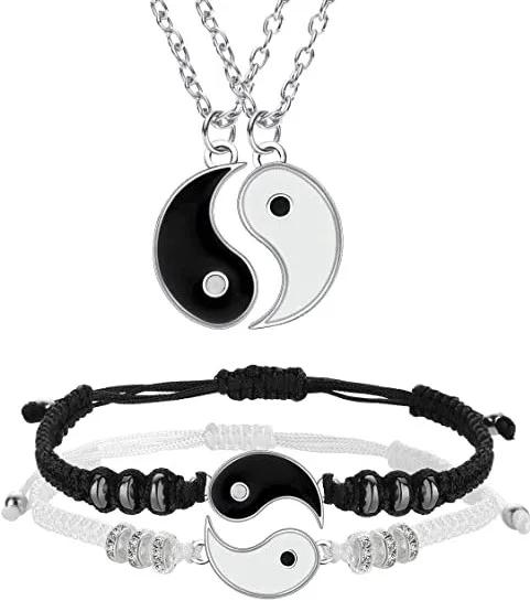 2 Pieces Matching Yin Yang Adjustable Cord Couple Bracelet with Necklace Set,Yin Yang Couple Pendant Necklace Chain