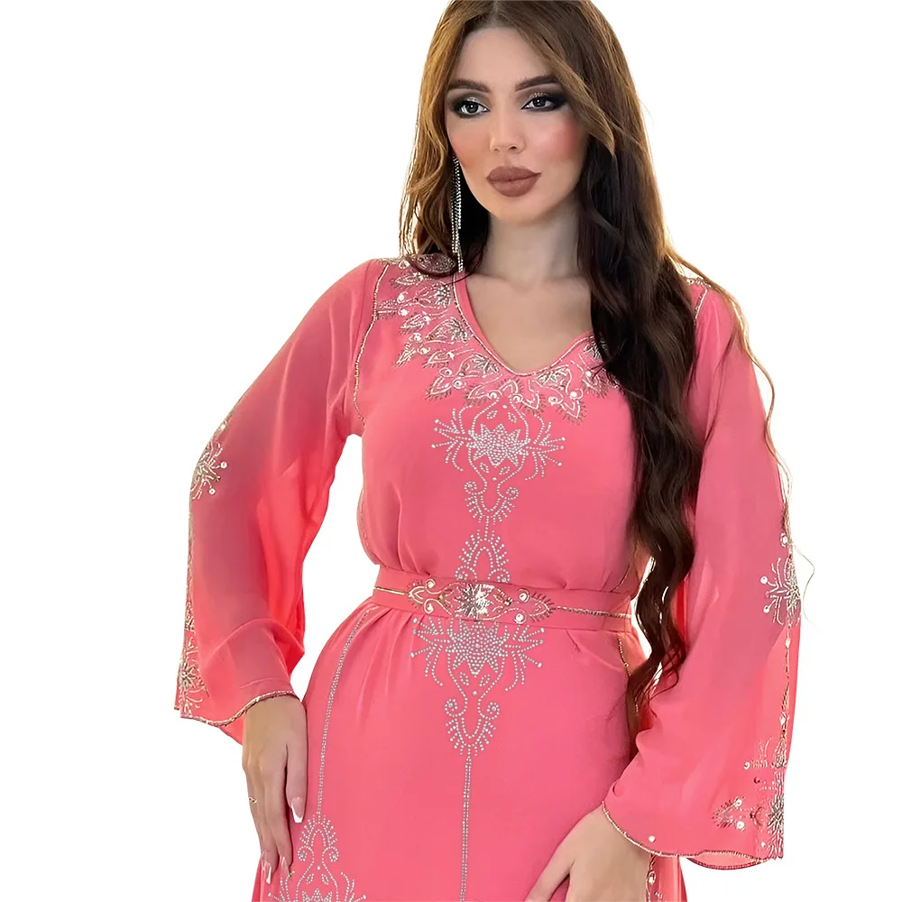 Fashion Collection Drilling Islamic Robe Georgette Moroccan Pink Wedding Dresses With Belt Muslim Eid Comfort Robe manufacturers