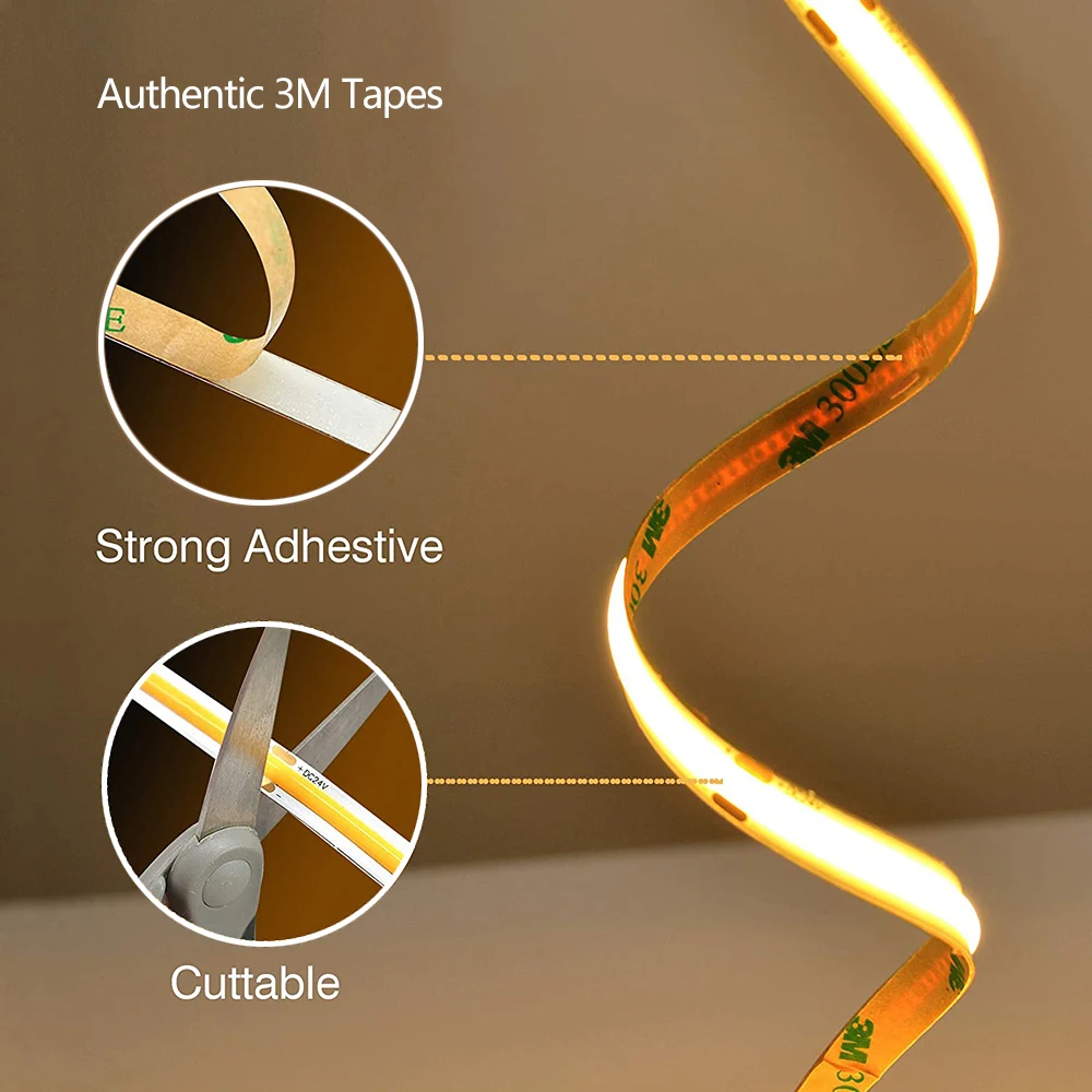 Amazon hot selling high performance COB strip led lights 24VDC IP20 3500K COB led strips for  indoor decoration