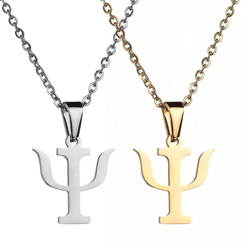 Simple Design Waterproof PVD Plated Silver 18K Gold Stainless Steel Women Charm Psychology PSI Symbol Necklace Jewelry