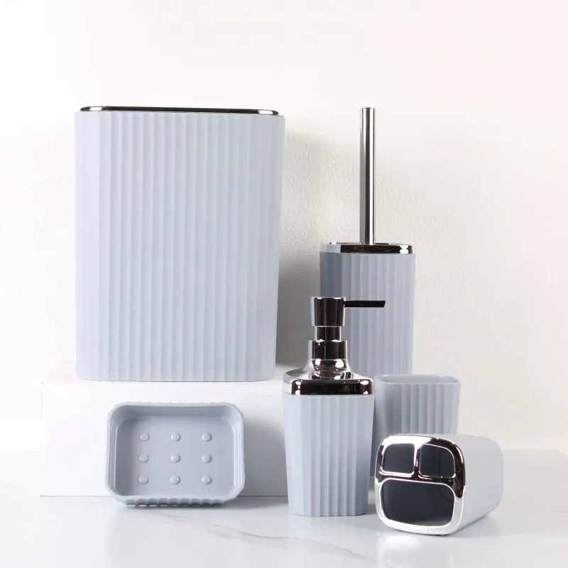 Europe Style 6 Piece Luxury Matte Black and Gold Modern Bathroom Accessories Set Plastic Home Metal Sleek Modern Bathroom Set