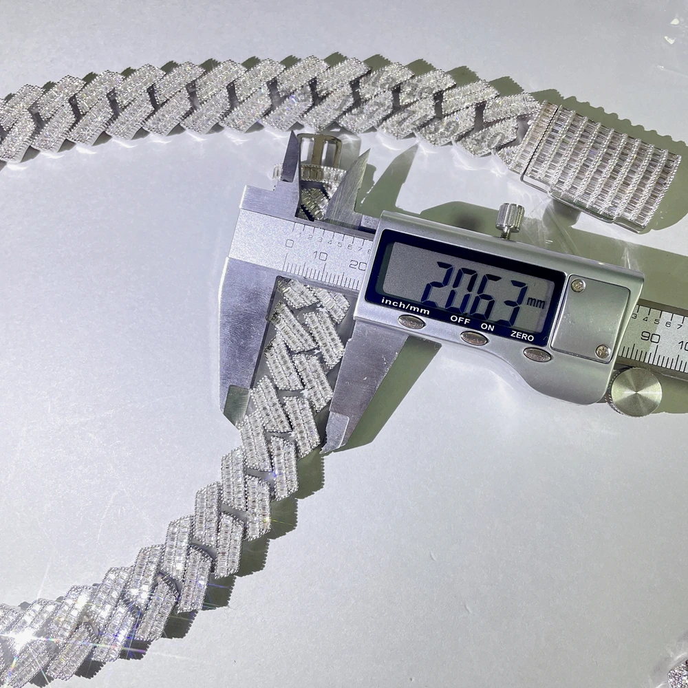 20mm width 925 sterling silver with vvs moissanite pendant necklace cuban link chain baguette diamond luxury hip hop jewelry